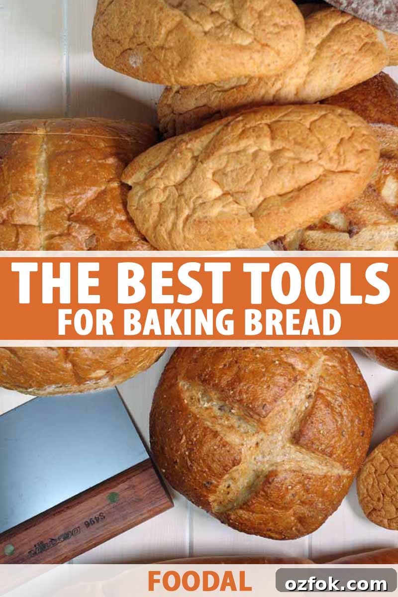 Top Bread Baking Tools Trusted by Foodal 2 Vertical image of assorted baked goods next to a metal bench scraper, with text in the middle and on the bottom.