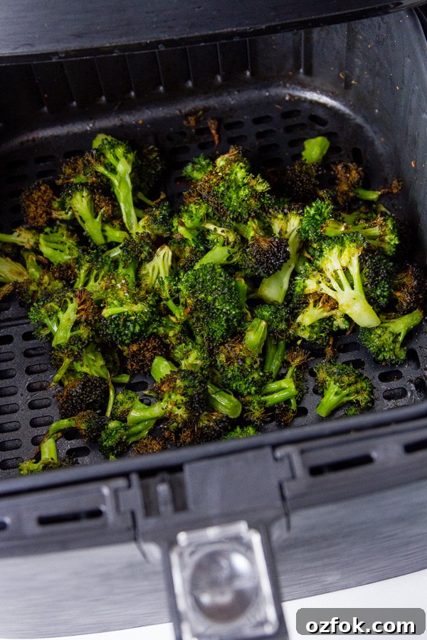 Crispy Air Fryer Roasted Broccoli Recipe 3 Air Fryer Roasted Broccoli in the basket of the air fryer after cooking