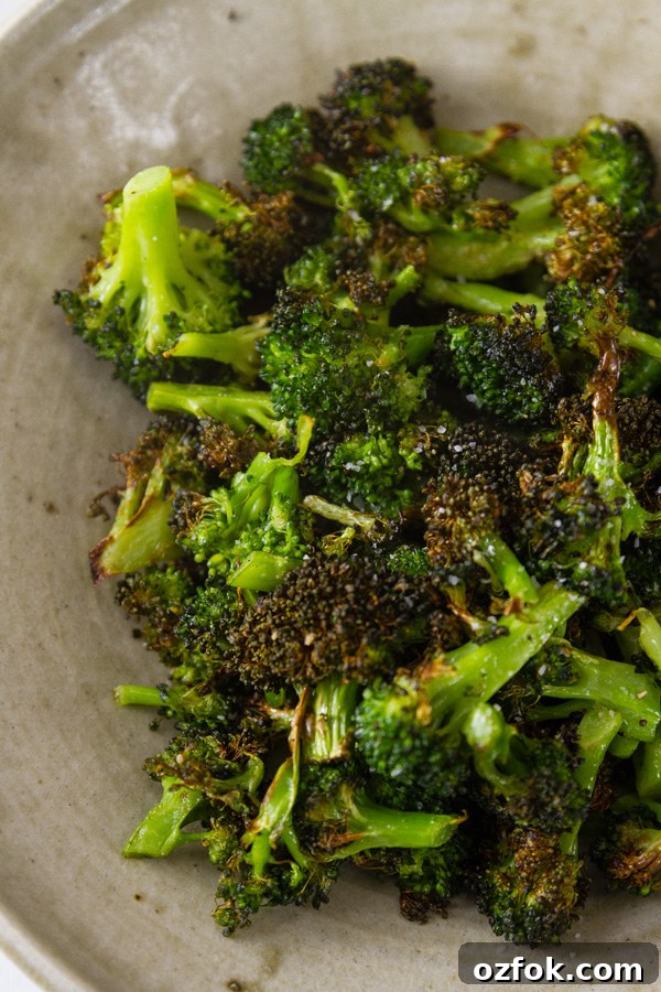 Crispy Air Fryer Roasted Broccoli Recipe 5 close up of Air Fryer Roasted Broccoli