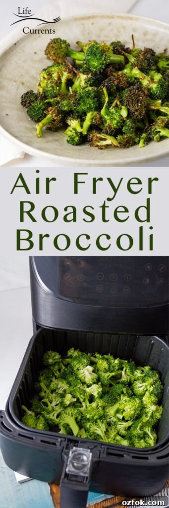 Crispy Air Fryer Roasted Broccoli Recipe 9 Long pin for pinterest of Air Fryer Roasted Broccoli with two images