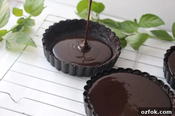 Raspberry Bailey's Chocolate Tart Recipe for Decadent Dessert 3 Pouring chocolate into tart shells