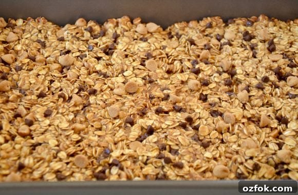 Homemade Peanut Butter Granola Bars Recipe – Chewy No-Bake Snack 6 Nonstick baking pan with even layer of Homemade Peanut Butter Granola Bars