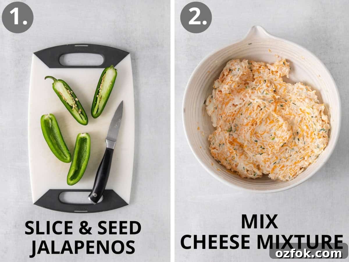 Gluten-Free Jalapeño Poppers Recipe: Crispy Stuffed Peppers 5 Jalapenos on a cutting board and cheese mixture in a bowl