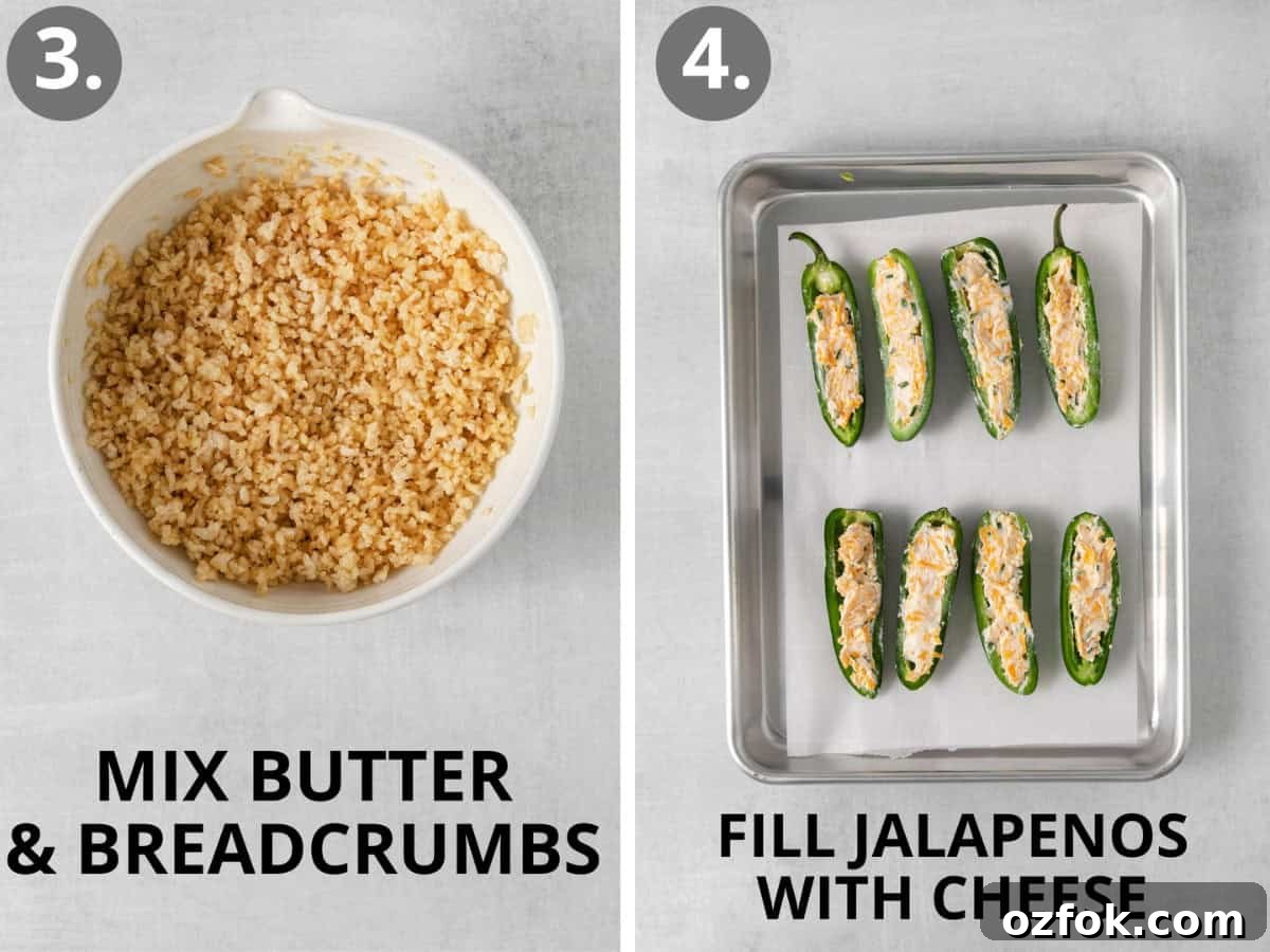 Gluten-Free Jalapeño Poppers Recipe: Crispy Stuffed Peppers 6 Butter and breadcrumbs in a bowl and jalapenos filled with cheese on a baking sheet