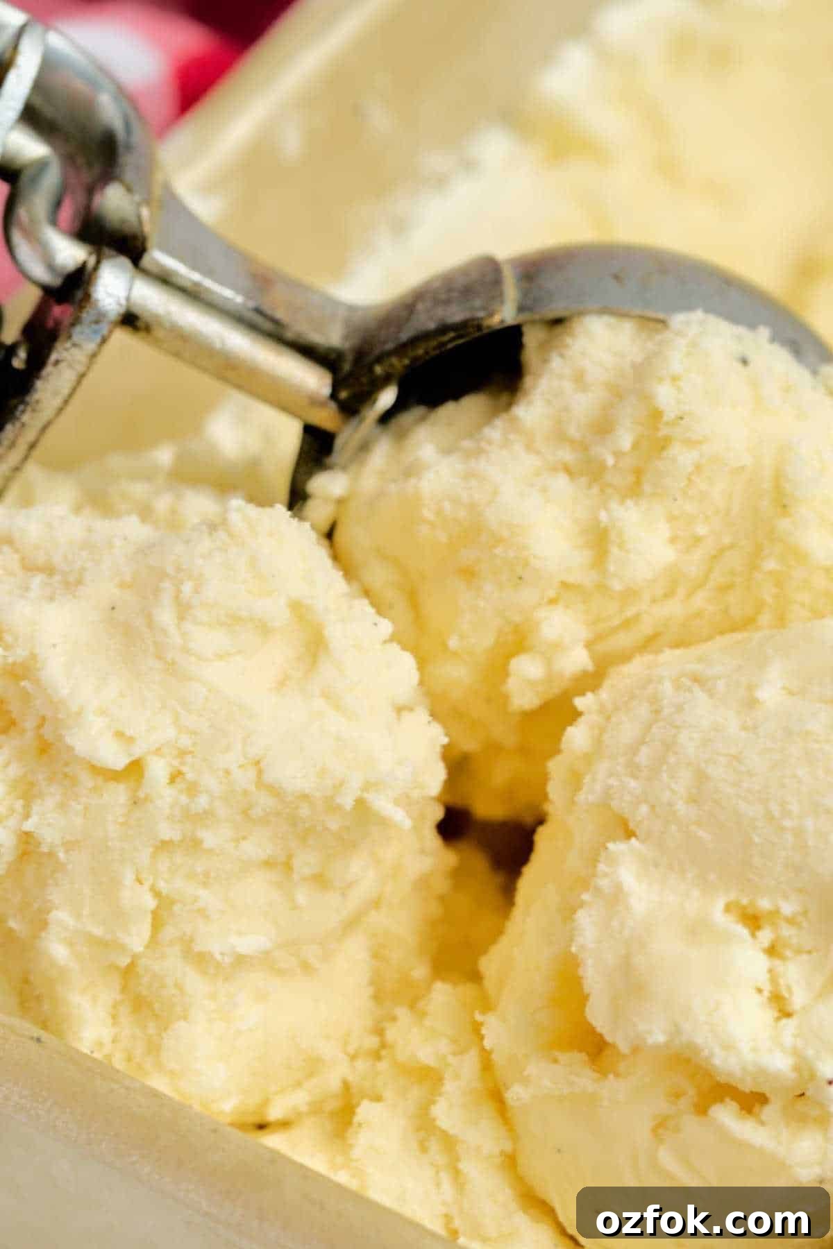 Classic Homemade Vanilla Ice Cream Recipe 2 3 scoops of vanilla ice cream in loaf pan