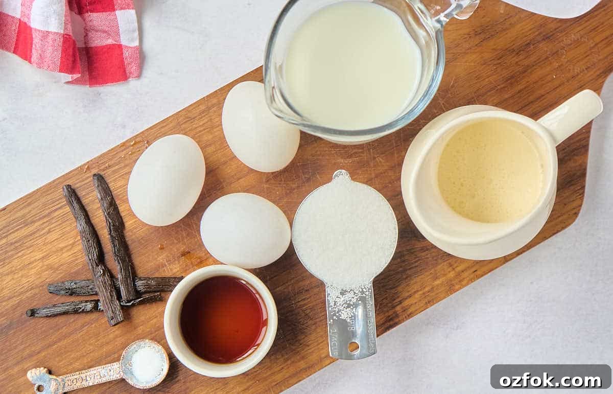 Classic Homemade Vanilla Ice Cream Recipe 3 cream, milk, sugar eggs vanilla bean on countertop