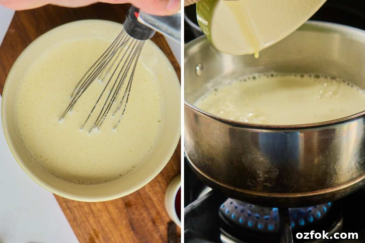 Classic Homemade Vanilla Ice Cream Recipe 6 eggs tempered in bowl with whisk and then added back into saucepan.
