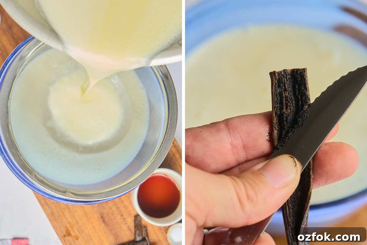 Classic Homemade Vanilla Ice Cream Recipe 8 custard strained and hand scraping vanilla bean to add to mixture.