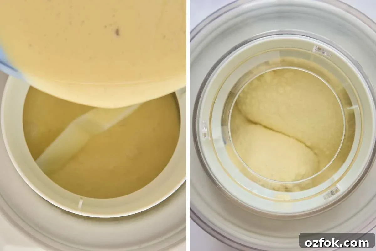 Classic Homemade Vanilla Ice Cream Recipe 9 custard poured into ice cream maker and churning.