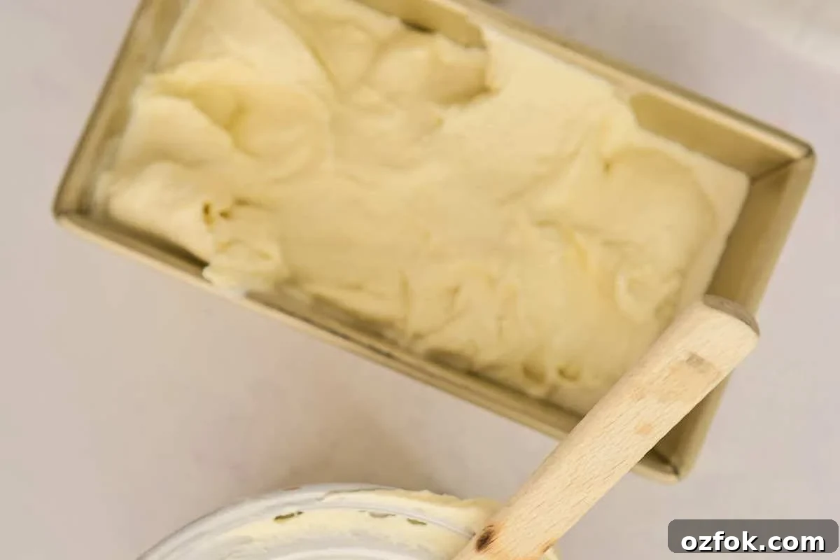 Classic Homemade Vanilla Ice Cream Recipe 10 ice cream removed from ice cream maker and poured into loaf pan.