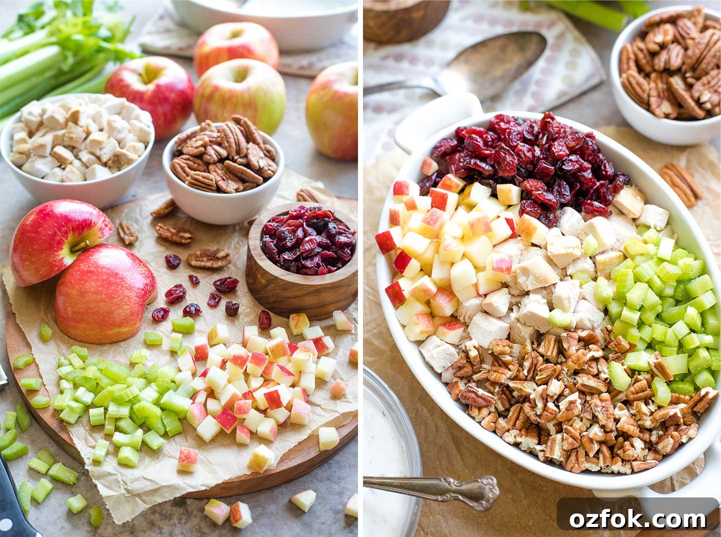 Collage of two method photos showing the ingredients for this recipe prepped on a chopping board, and then piled together in a bowl before mixing.