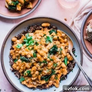 ceramic bowl on pink backdrop with creamy white beans and kale served over wild rice
