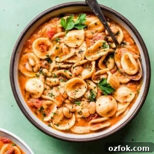 italian pasta and white bean stew in a ceramic bowl on a green surface.