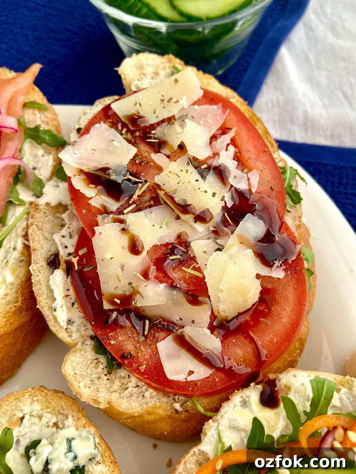 8 Flavorful Vegetarian Bruschetta Toppings for Every Occasion 4 Tomatoes, shaved parmesan and balsamic glaze on toast.