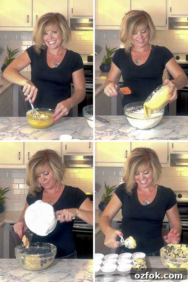 Blueberry Sour Cream Muffins with Crunchy Streusel Topping 5 Jennifer showing steps to make the muffins