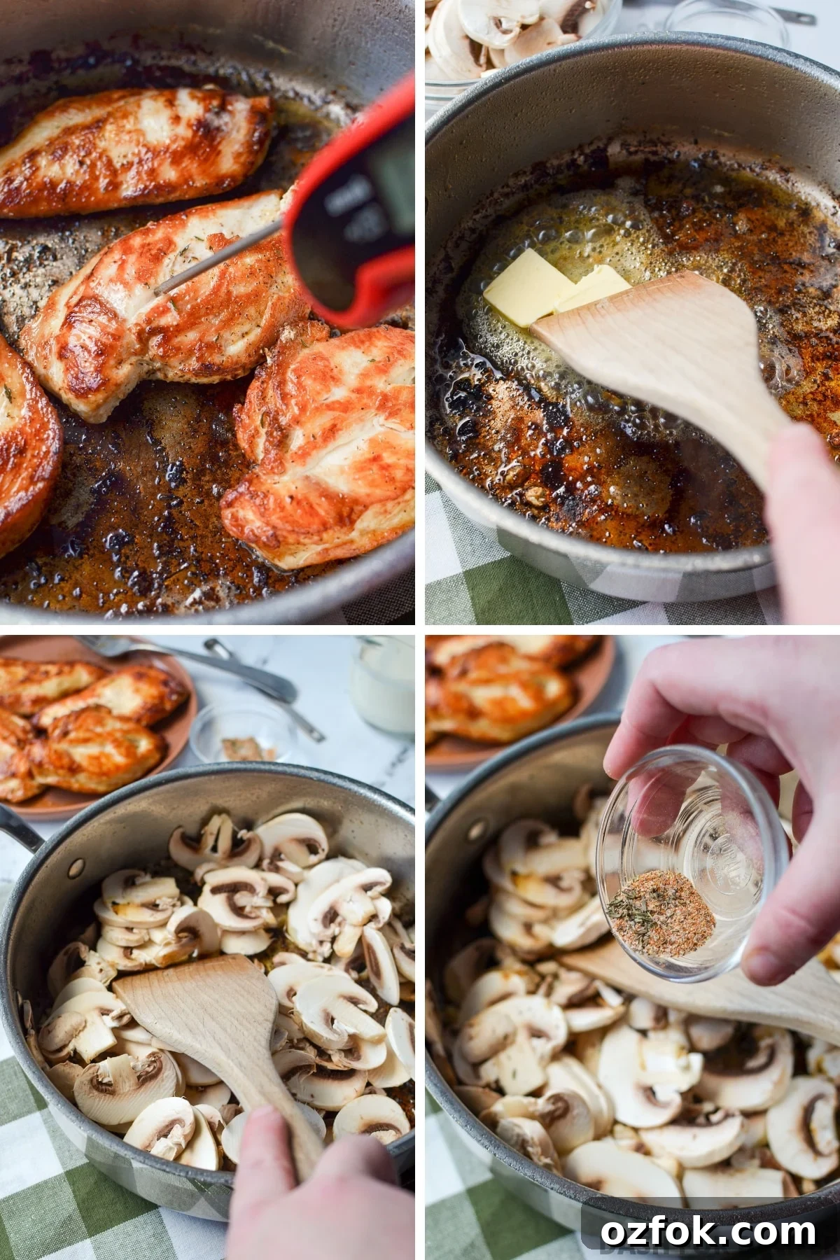 Removing chicken from a skillet and adding butter and then mushrooms.