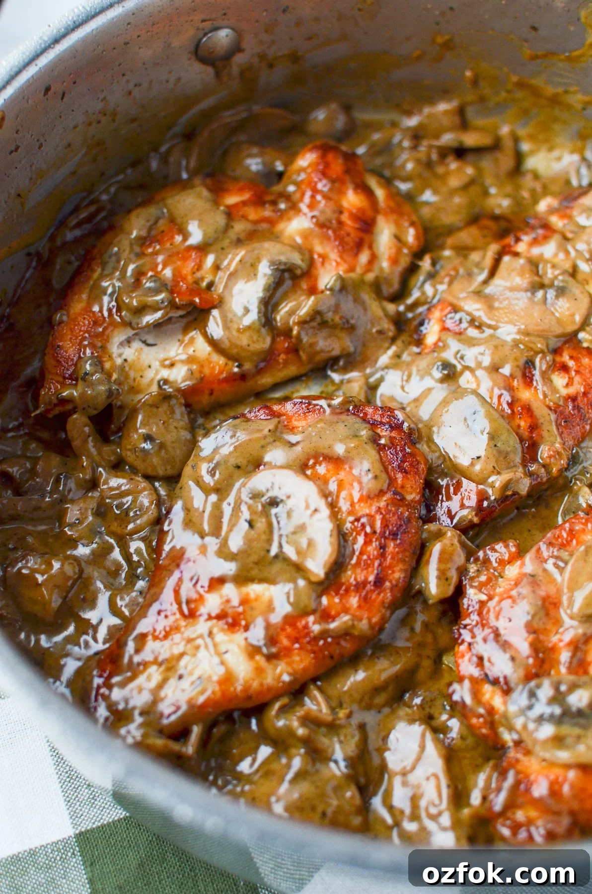 Chicken covered in a creamy mushroom sauce.