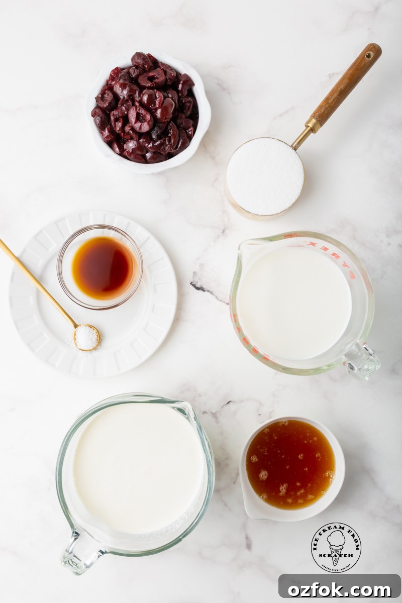 Cherry Gelato Recipe: Creamy Homemade Cherry Gelato Guide 3 The ingredients needed to make homemade cherry gelato with frozen dark cherries.