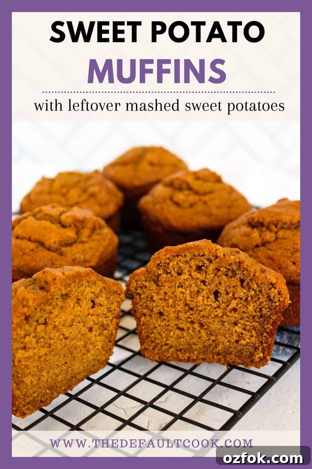 Six sweet potato muffins on a wire rack, the front one cut open in half, and text above labeling the dish.
