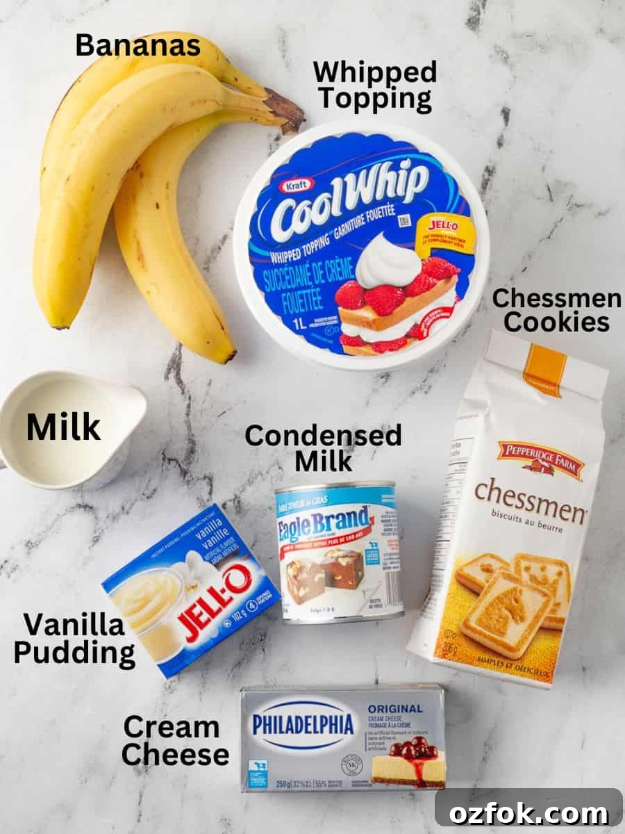 Paula Deen’s Banana Pudding Recipe — Classic Southern Twist 3 Ingredients for Paula Deen's banana pudding on a marble board with text overlay.