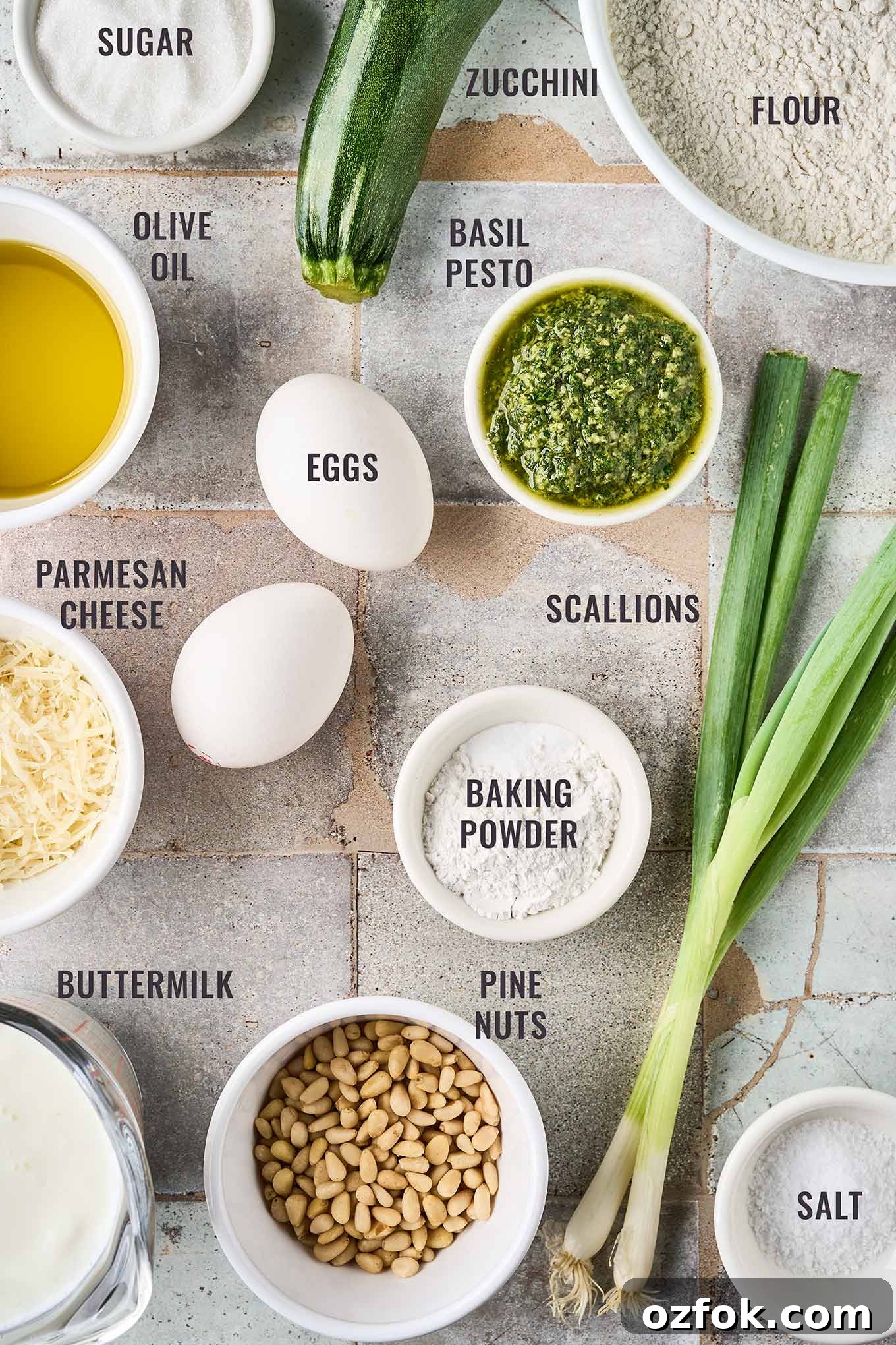 A labeled, overhead photo of the ingredients needed for savory pesto zucchini bread; flour, eggs, baking powder, basil pesto, scallions, pine nuts, buttermilk, Parmesan cheese, and olive oil.