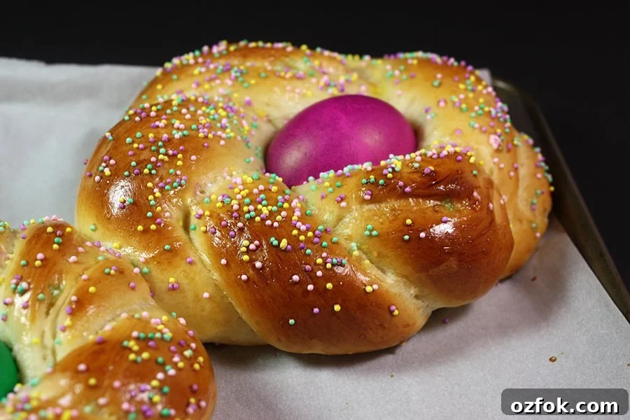 Italian Easter bread on a baking sheet.