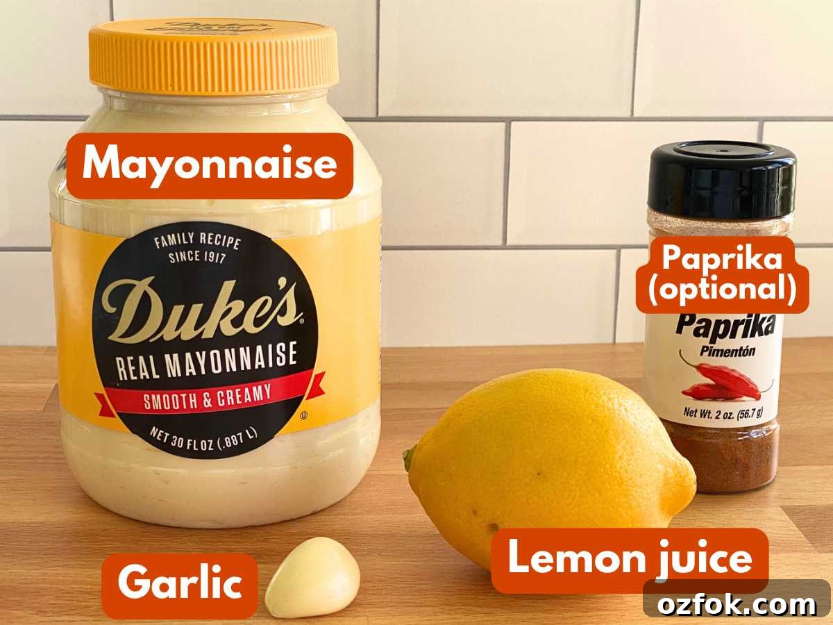 Lemon Garlic Aioli: Homemade Creamy Sauce Recipe 3 Ingredients to make lemon garlic aioli: Mayonnaise, garlic clove, lemon, and paprika (labelled as optional.)