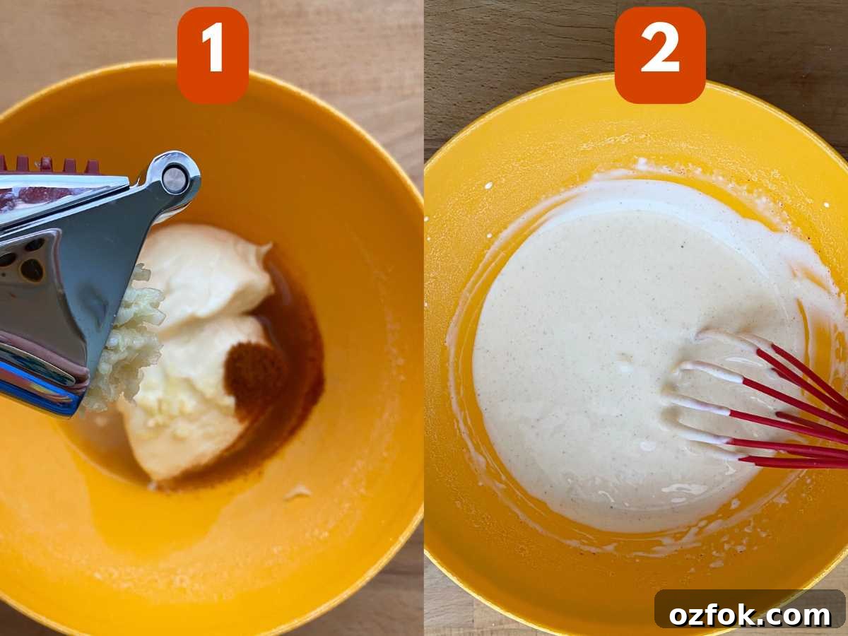 Lemon Garlic Aioli: Homemade Creamy Sauce Recipe 4 Collage of directions to make lemon garlic aioli: 1) Mayonnaise, lemon juice, paprika in bowl with garlic being pressed through a garlic press on top. 2) Whisk in a bowl of mixed ingredients.