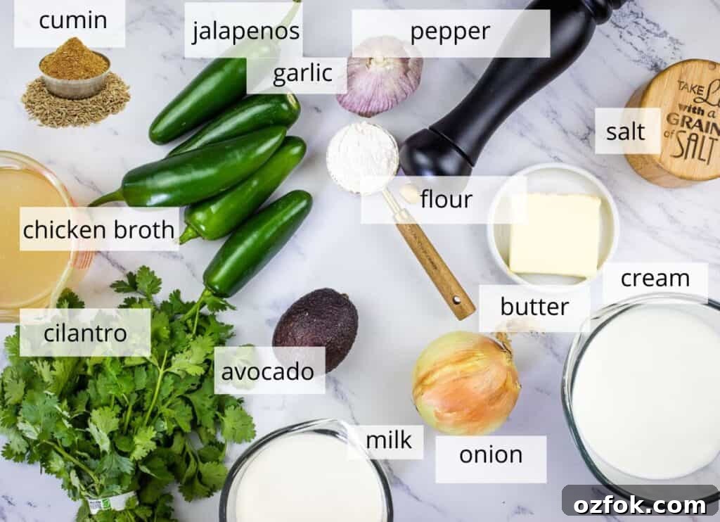 Creamy Jalapeño Soup Recipe: Smooth, Spicy, and Cozy 4 Cream of Jalapeno soup ingredients labeled.