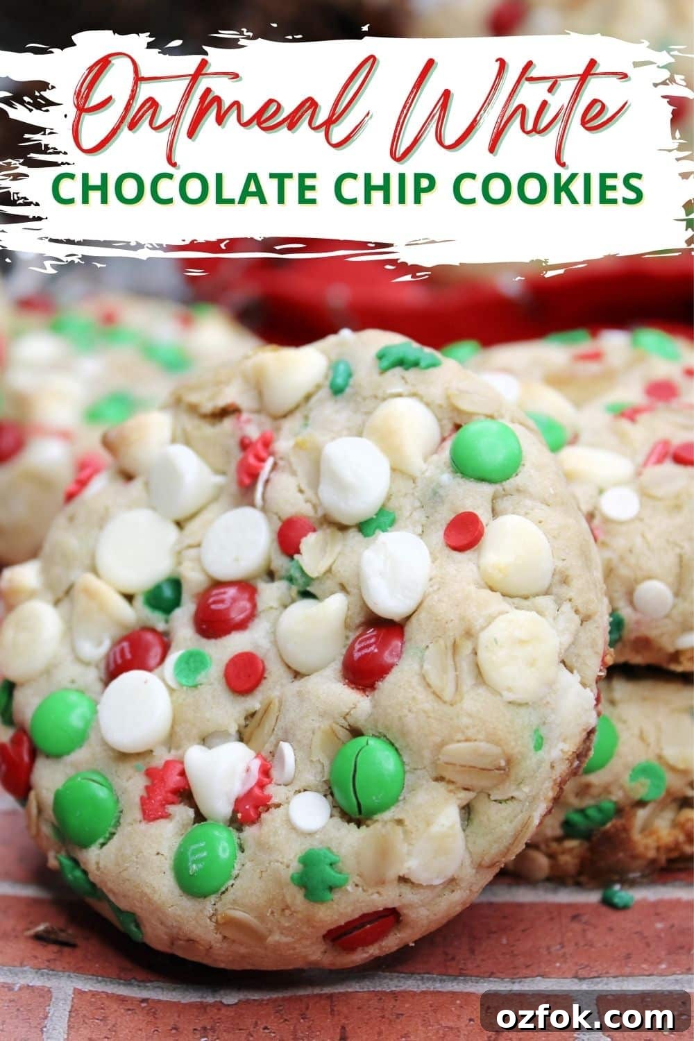 Oatmeal White Chocolate Chip Cookies Made with Self-Rising Flour 2 close up photo of oatmeal white chocolate chip cookies with christmas m & M's