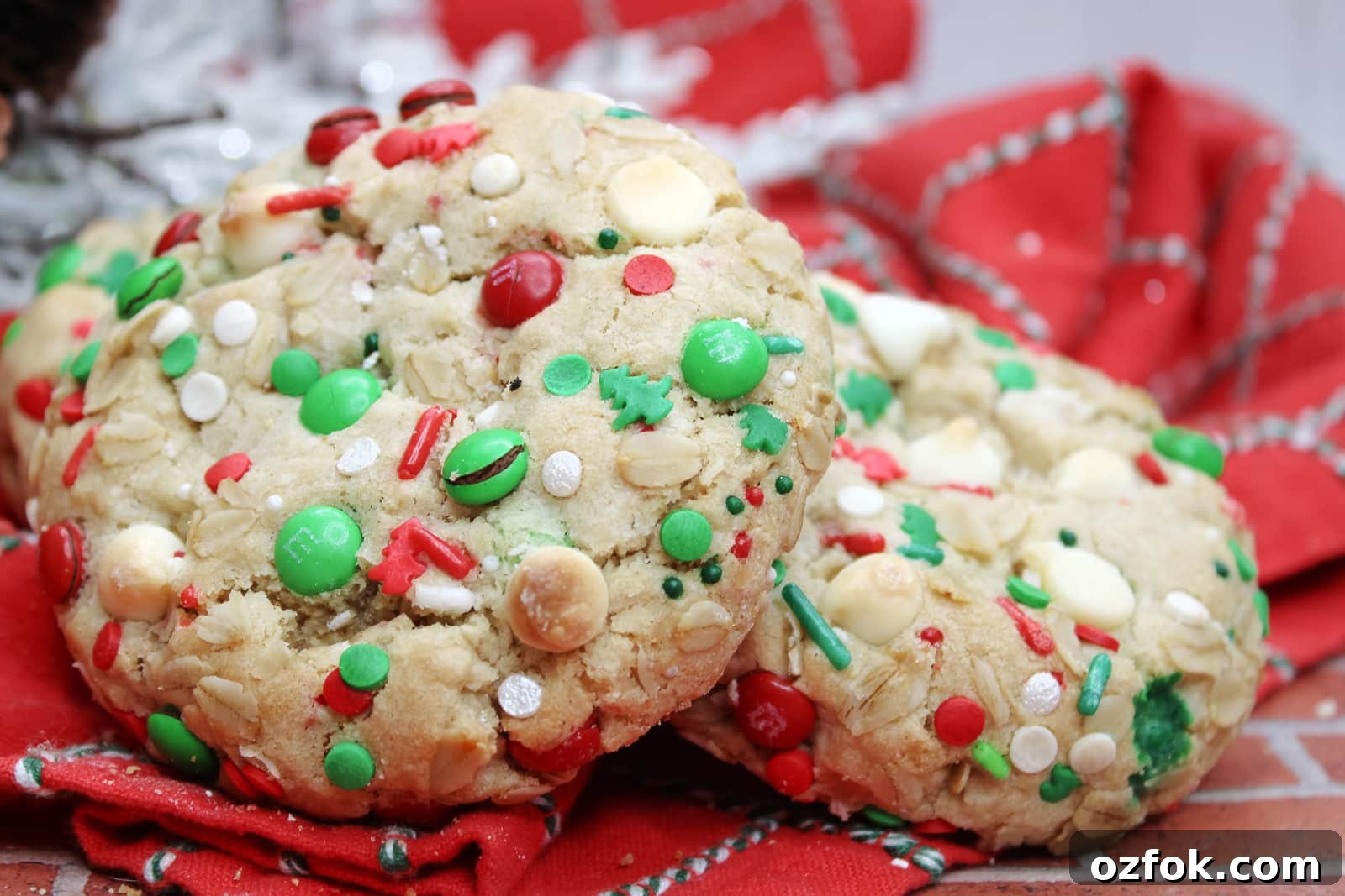 Oatmeal White Chocolate Chip Cookies Made with Self-Rising Flour 5 close up image of oatmeal cookies with white chocolate chips and m & ms