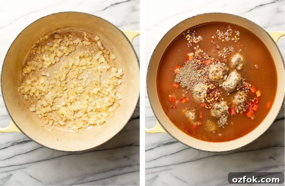 Hearty Italian Meatball Soup Recipe 4 sauteing onion in a soup pot and making the broth for meatball soup