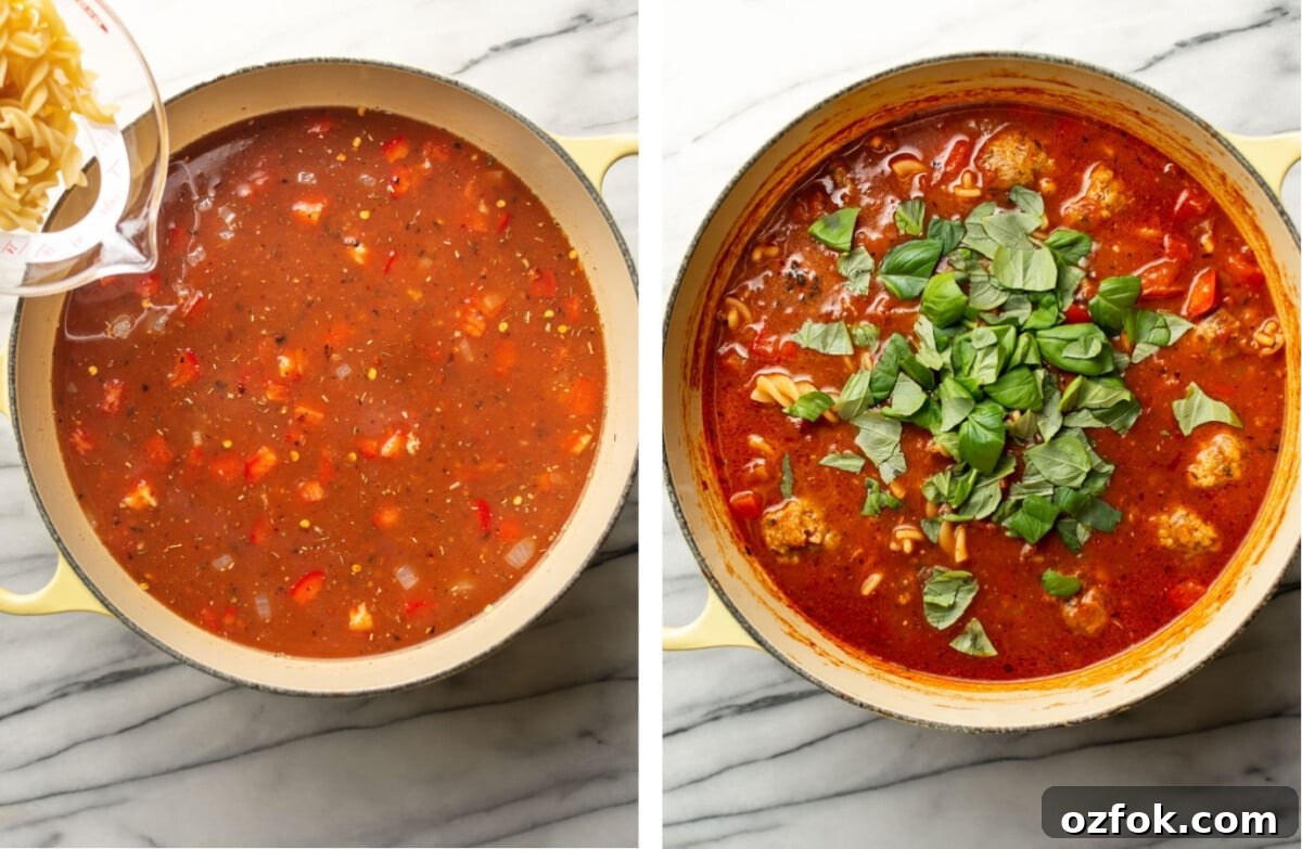 Hearty Italian Meatball Soup Recipe 5 adding pasta and fresh basil to a pot of meatball soup