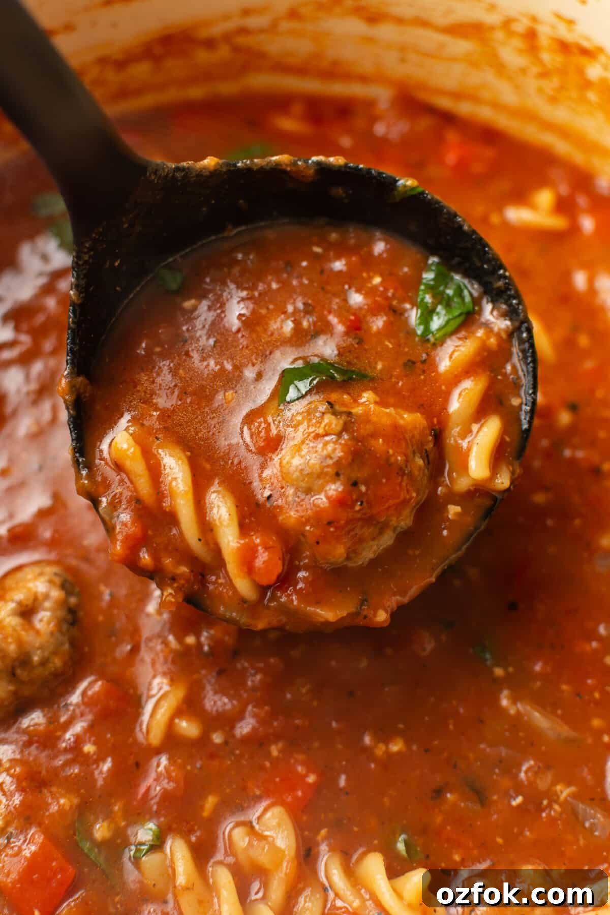 Hearty Italian Meatball Soup Recipe 6 closeup of a ladle with meatball soup