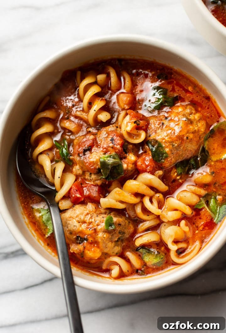 Hearty Italian Meatball Soup Recipe 7 close-up of Italian meatball soup in a bowl