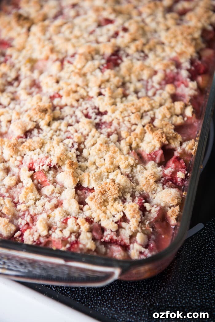 Baked crisp in dish Strawberry Rhubarb Crisp in a baking dish