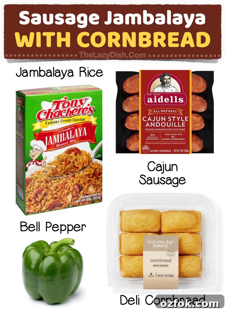 23 Quick Last-Minute Dinner Ideas for Busy Weeknights 12 Sausage Jambalaya with Cornbread | Looking for easy dinner ideas? Simply pick up a jambalaya rice mix, sausage, a bell pepper, and deli cornbread for the best easy weeknight meal! Super quick and cheap to make.