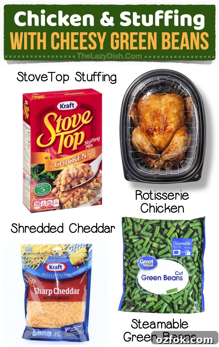 23 Quick Last-Minute Dinner Ideas for Busy Weeknights 14 Chicken & Stuffing with Cheesy Green Beans | A list of simple dinner combinations and easy meals to make last minute using store-bought prepared items like rotisserie chicken, frozen veggies, boxed meals, etc. Great for your picky eaters!