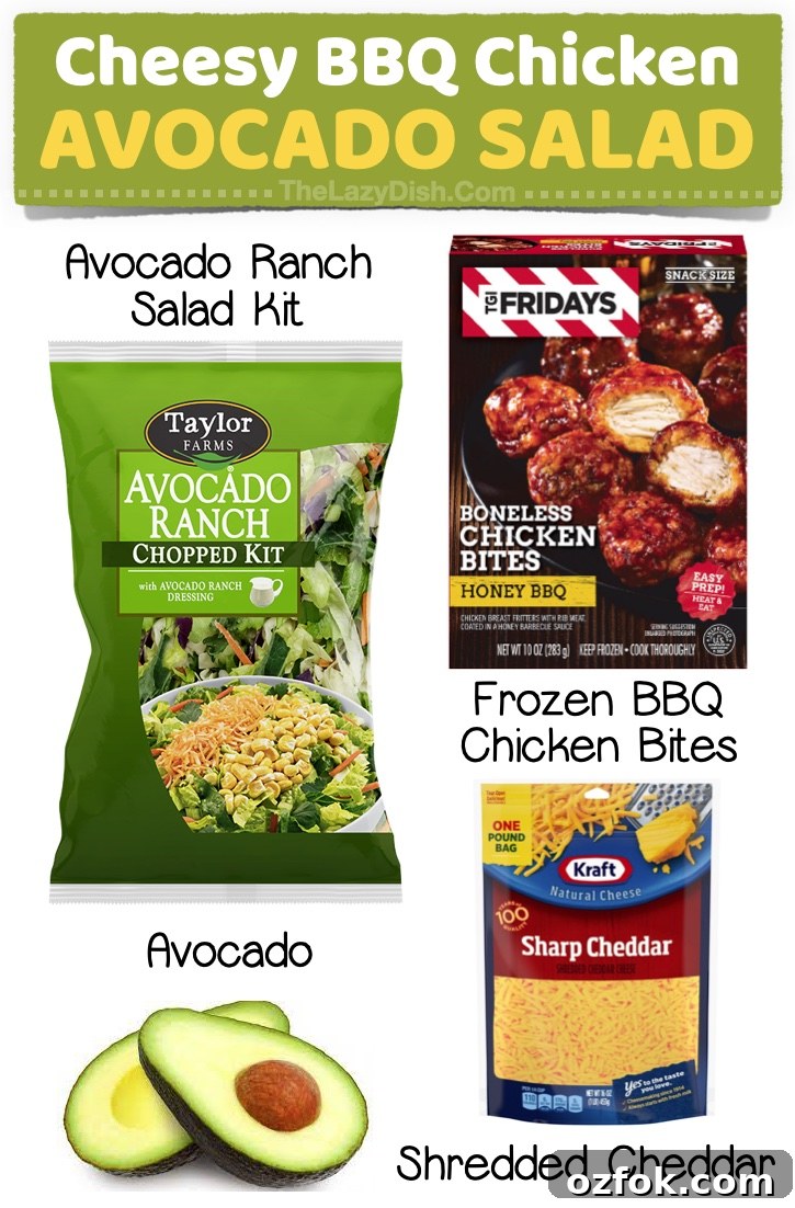 23 Quick Last-Minute Dinner Ideas for Busy Weeknights 18 Cheesy BBQ Chicken Avocado Salad | A fun and easy last minute dinner idea! If you're tired of cooking, you've got to try some of these last minute dinner ideas! No recipes here, just store-bought items you can throw together for quick and simple weeknight meals. This bbq salad is great for serving two!