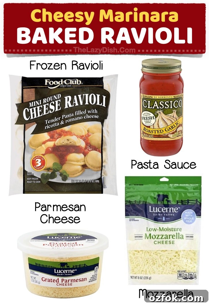 23 Quick Last-Minute Dinner Ideas for Busy Weeknights 5 Cheesy Marinara Baked Ravioli | Looking for easy dinner ideas for a family with kids? Check out this list of simple store-bought dinner ideas! Last minute meals that are fast and cheap to make.