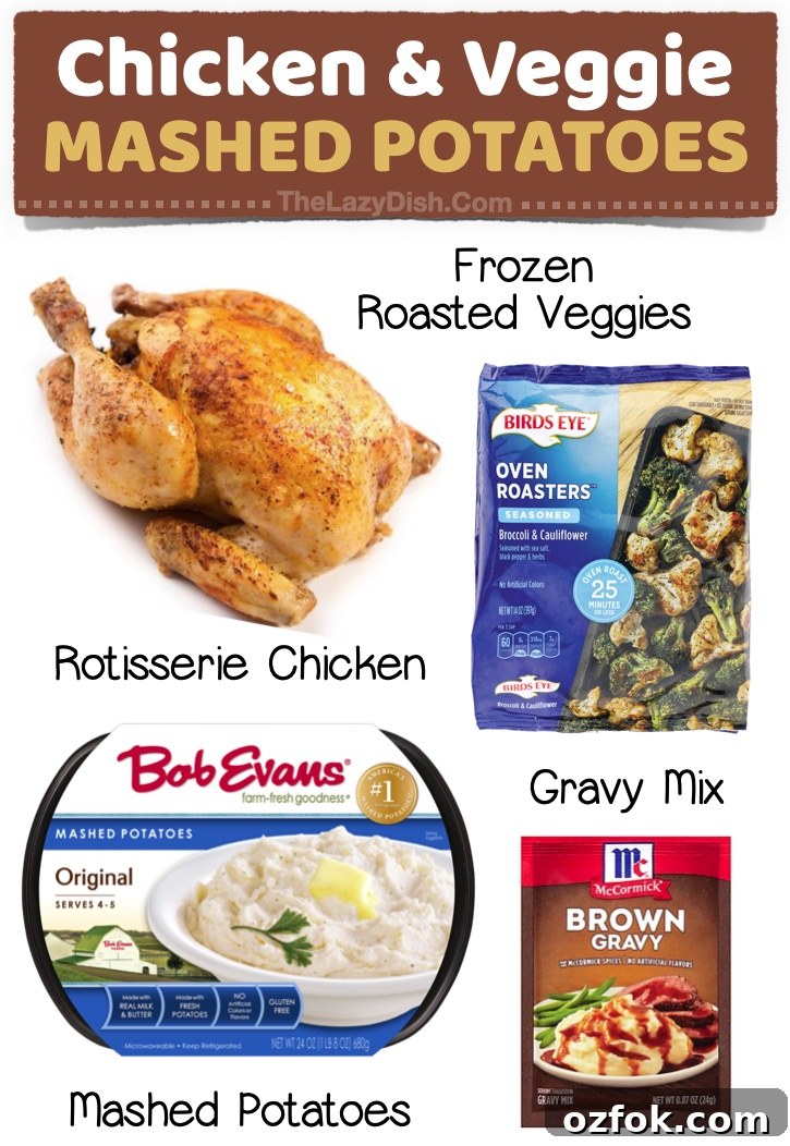 23 Quick Last-Minute Dinner Ideas for Busy Weeknights 8 Chicken & Veggie Mashed Potato Dinner | Rotisserie chicken to the rescue! If you're on the hunt for quick and easy dinner ideas, here is a big list of simple meals you can throw together last minute on busy weeknights. Perfect for busy moms on a budget!