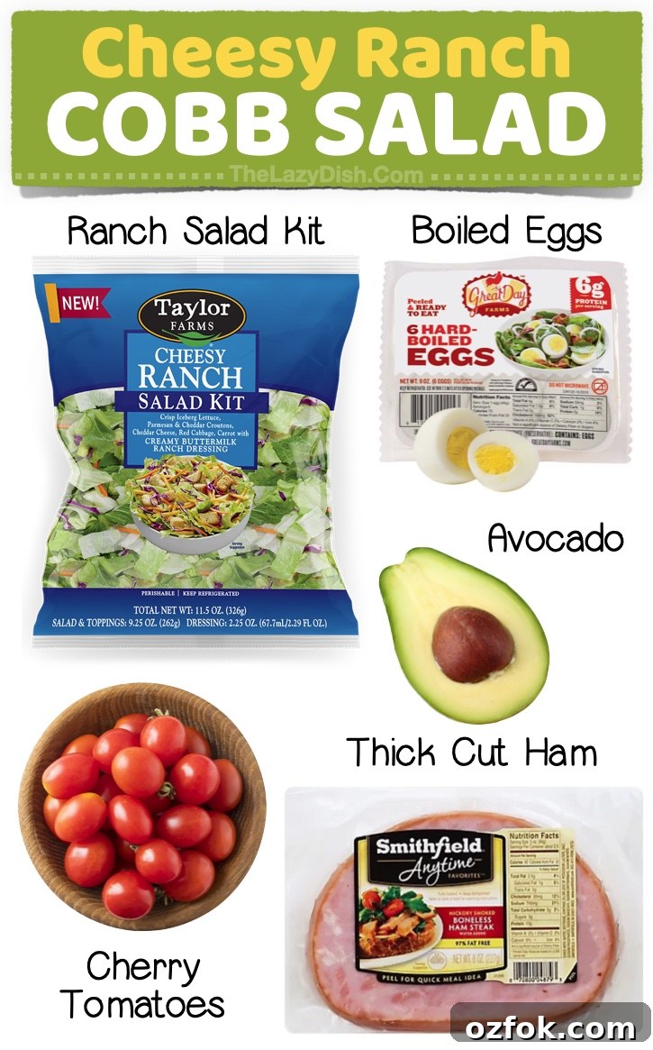23 Quick Last-Minute Dinner Ideas for Busy Weeknights 10 Cheesy Ranch Cobb Salad | A great last minute dinner idea for two! Just pick up a packaged salad and mix it with boiled eggs, avocado, diced ham, tomatoes, and cheese! Super filling and easy. No cooking required.
