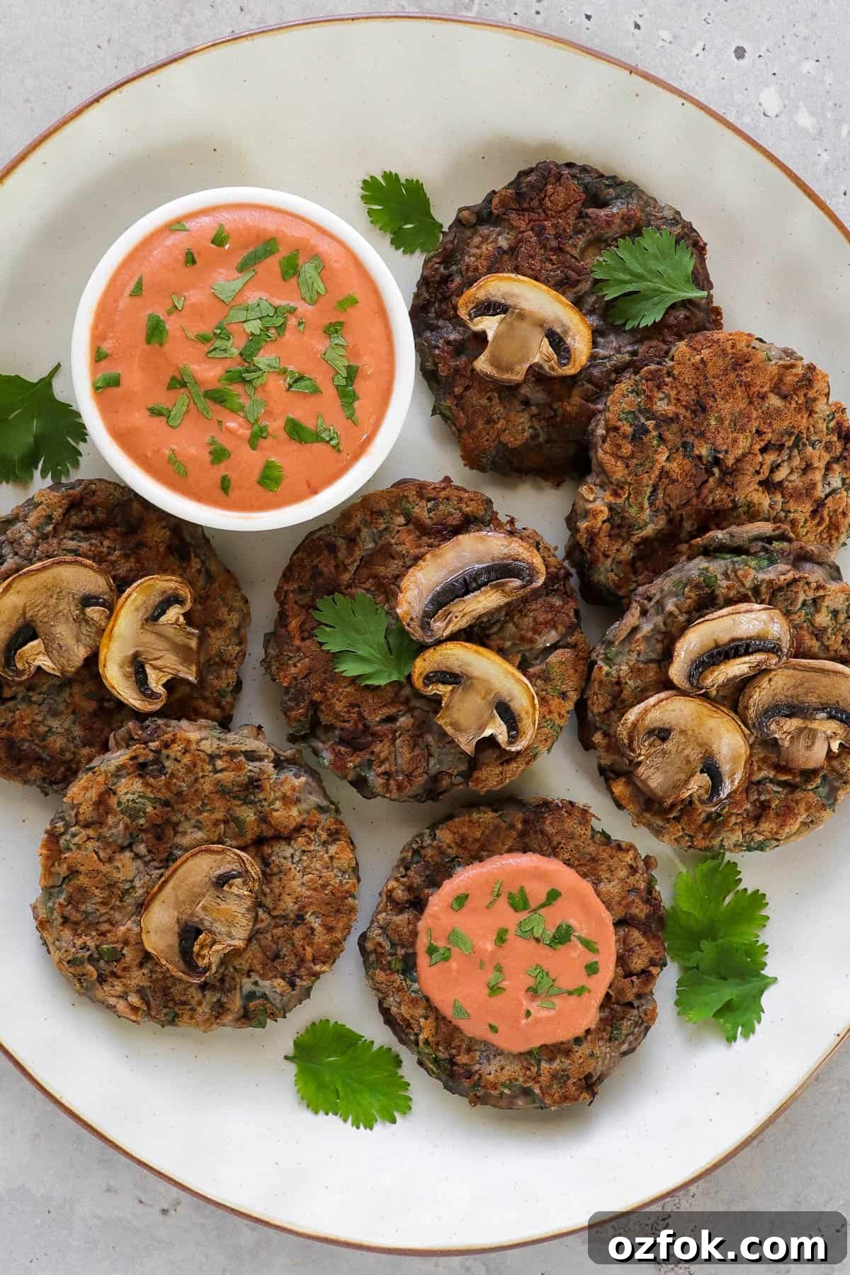 Gluten-Free Miso Mushroom Fritters — Crispy Savory Bites 2 Fritter on oval plate. Creamy tomato sauce on the side and one fritter has some sauce smeared over it. Mushrooms on top for decoration.