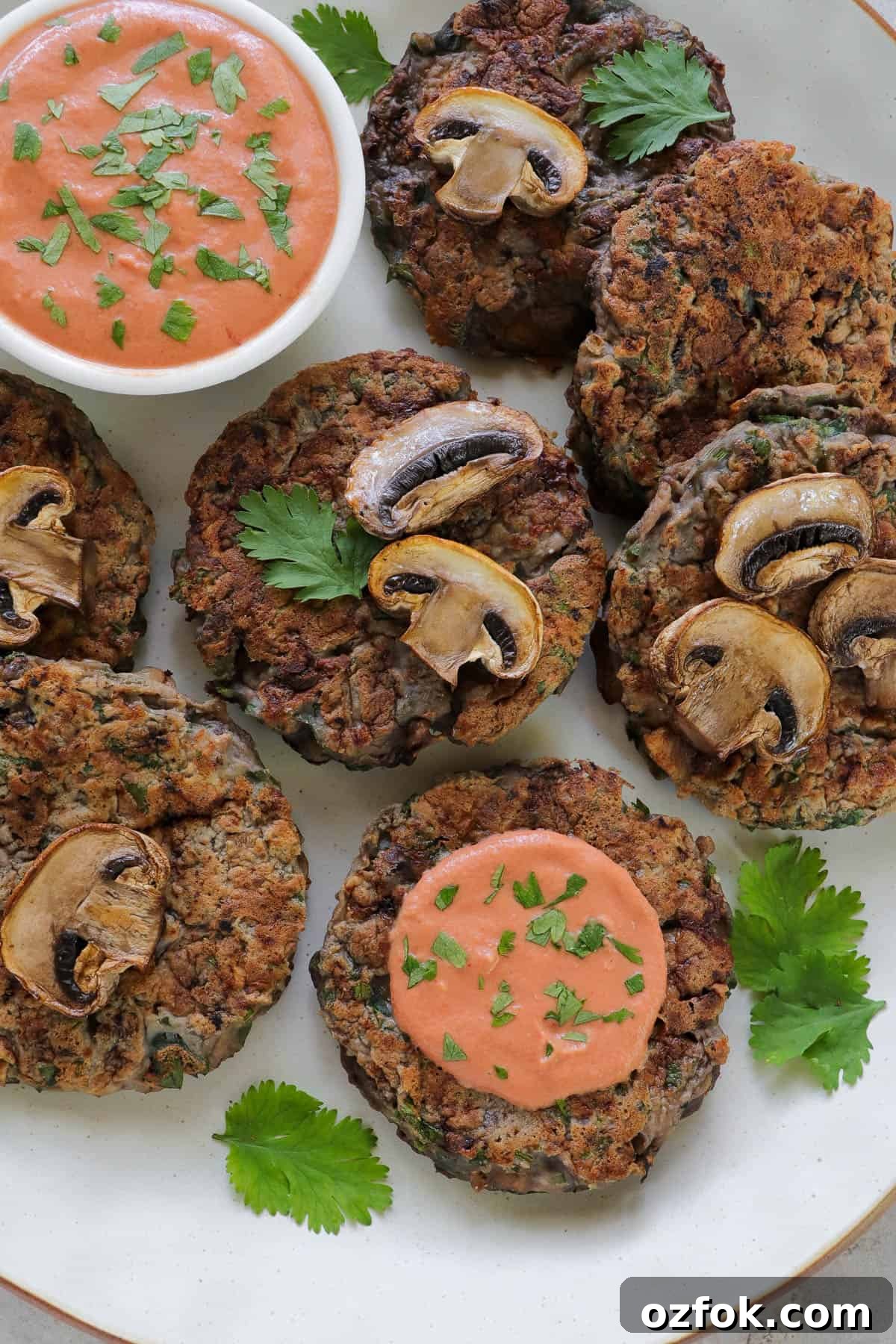 Gluten-Free Miso Mushroom Fritters — Crispy Savory Bites 7 Fritter on oval plate. Creamy tomato sauce on the side and one fritter has some sauce smeared over it. Mushrooms on top for decoration.
