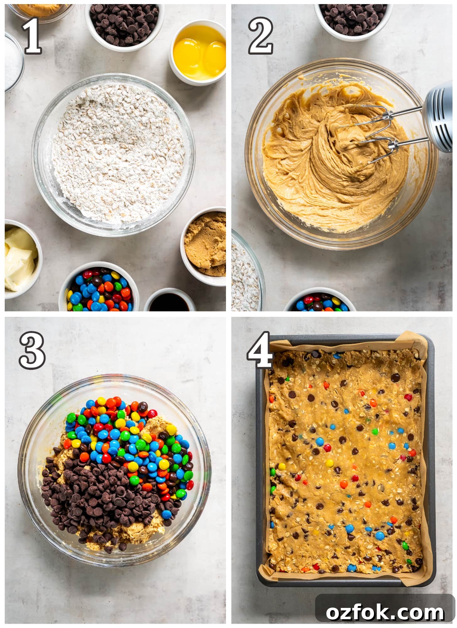 Chewy Monster Cookie Bars Recipe with Chocolate Chips and M&Ms 4 photo collage demonstrating how to make monster cookie bars in a mixing bowl and 9x13 pan.