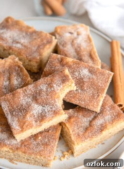 snickerdoodle bar with a bite on top of more bars coated with cinnamon sugar