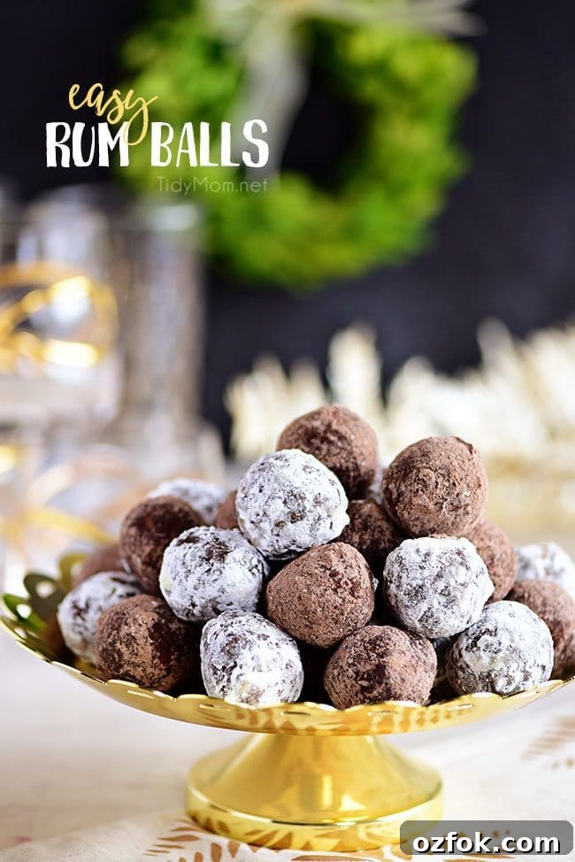 Holiday Rum Balls Recipe with Video Tutorial 2 easy Rum Balls stacked on gold tray