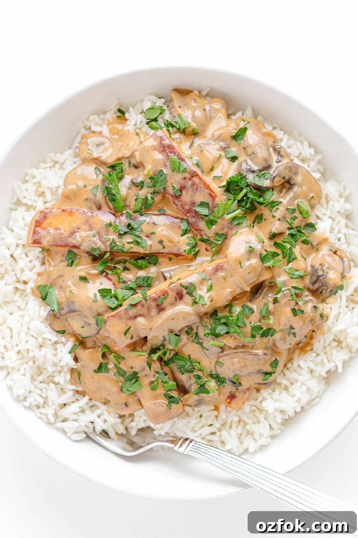 Creamy Halloumi Stroganoff with Mushrooms and Thyme 2 Halloumi Stroganoff served over rice in a white bowl with fork.