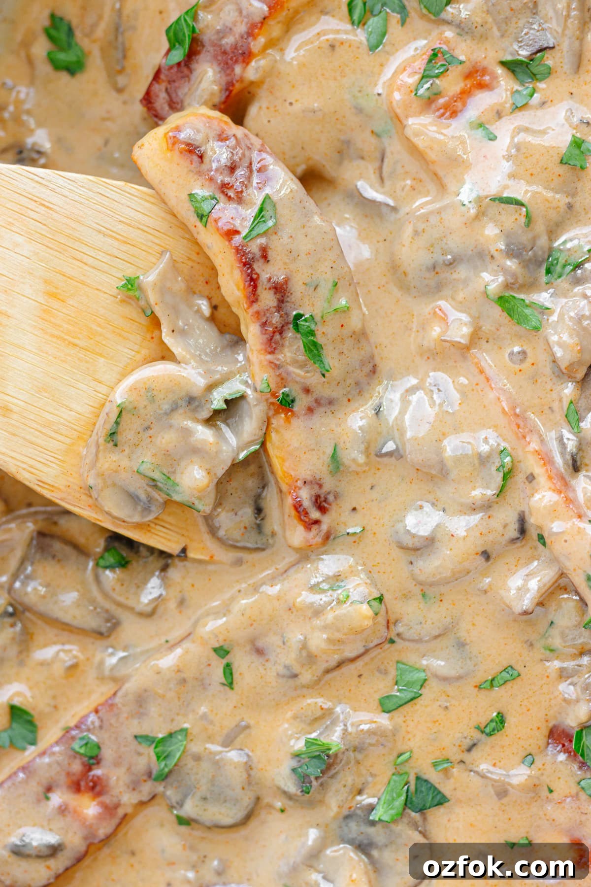 Creamy Halloumi Stroganoff with Mushrooms and Thyme 11 Closeup of Halloumi Mushroom Stroganoff being stirred with a wooden spoon.