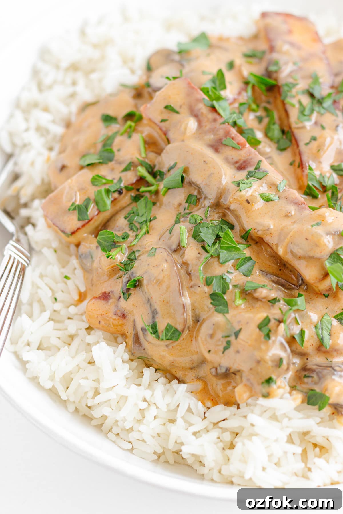 Creamy Halloumi Stroganoff with Mushrooms and Thyme 12 Halloumi and mushroom stroganoff over rice.